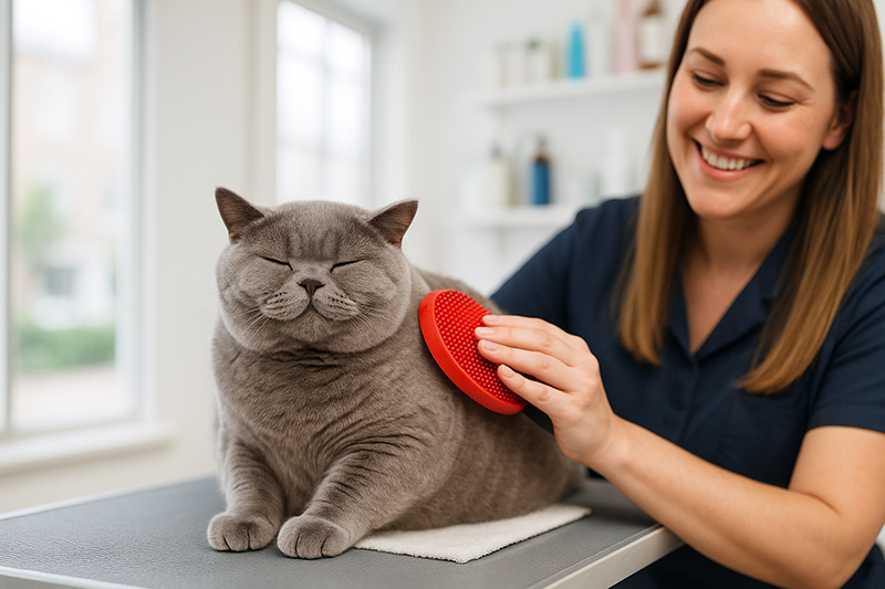 British Shorthair cat with thick plush grey coat demonstrating low-maintenance grooming needs