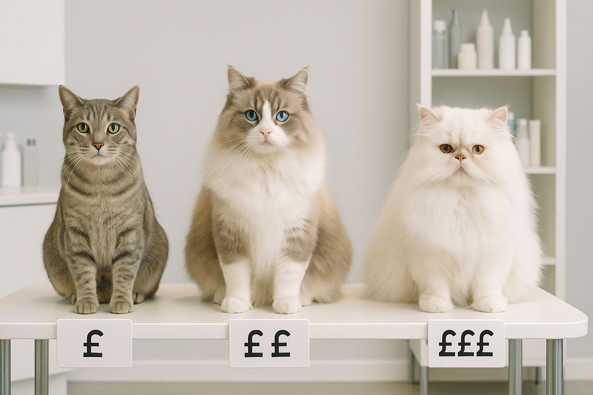 Three cats showing different grooming cost levels - short-haired, medium-haired, and long-haired breeds with UK pricing indicators