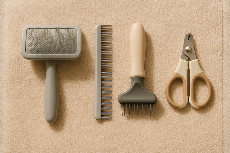 Flat lay of professional cat grooming tools including slicker brush, comb, dematting tool, and nail clippers on beige background