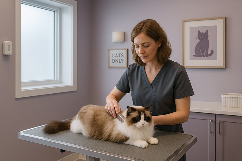 Specialised cat-only grooming salon interior with calm purple-grey decor and Ragdoll cat being groomed in quiet environment
