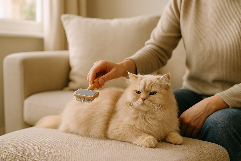 Cat owner gently brushing long-haired cream cat at home on cozy sofa demonstrating proper home grooming technique