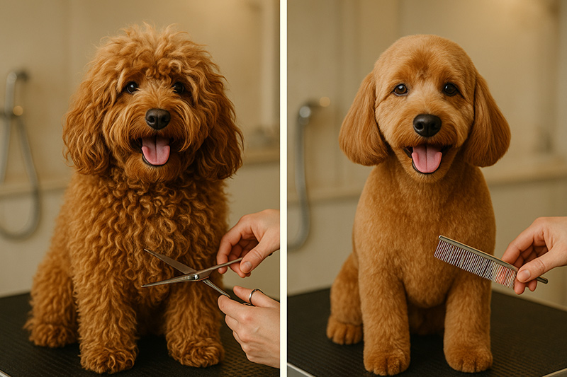 Side-by-side comparison of Cockapoo before grooming with matted fur and after professional grooming with neat trimmed coat