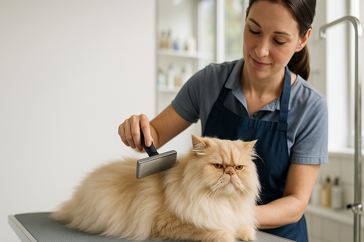 Professional groomer gently brushing a cream Persian cat on a grooming table in a modern UK grooming salon