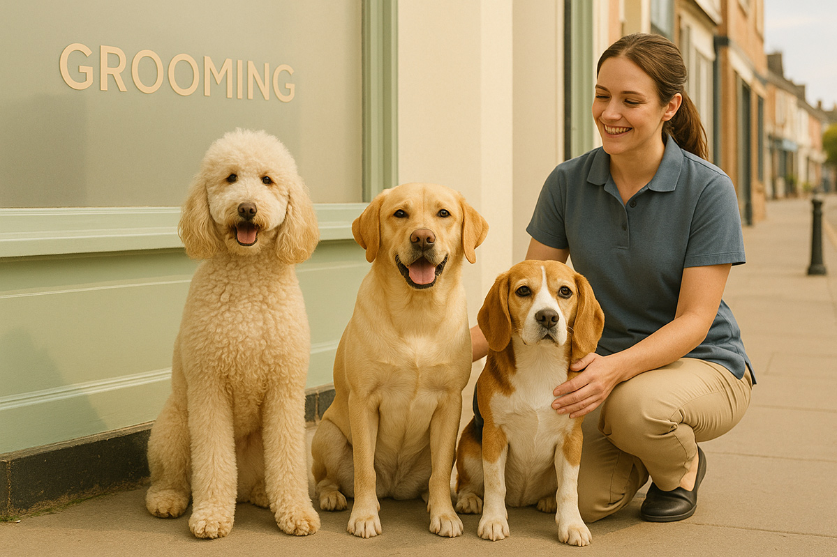 Three dogs showing different grooming needs - curly-coated Cockapoo, short-coated Labrador, and smooth-coated Beagle with professional groomer outside UK grooming salon