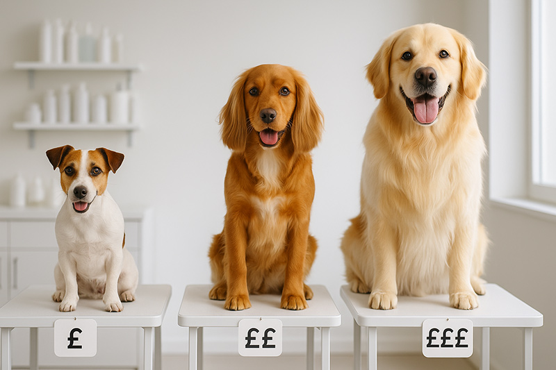 Three dogs of different sizes on grooming tables showing small, medium, and large breed pricing tiers