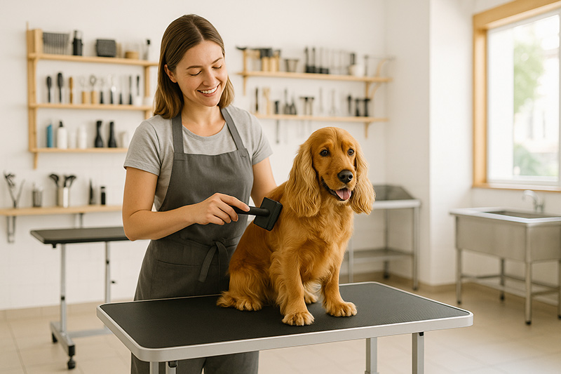 Modern professional dog grooming salon interior with Cocker Spaniel on grooming table and multiple stations visible