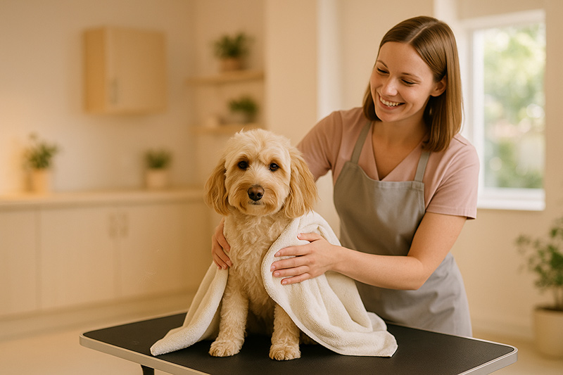 Professional groomer gently drying Cockapoo with towel after bath on grooming table showing post-bath care process
