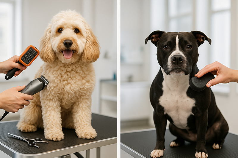 Side by side comparison of high-maintenance Cockapoo with curly coat versus low-maintenance Staffordshire Bull Terrier