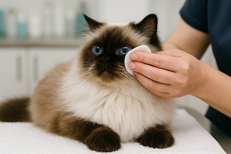 Himalayan Persian cat with flat face receiving gentle eye area cleaning during professional grooming