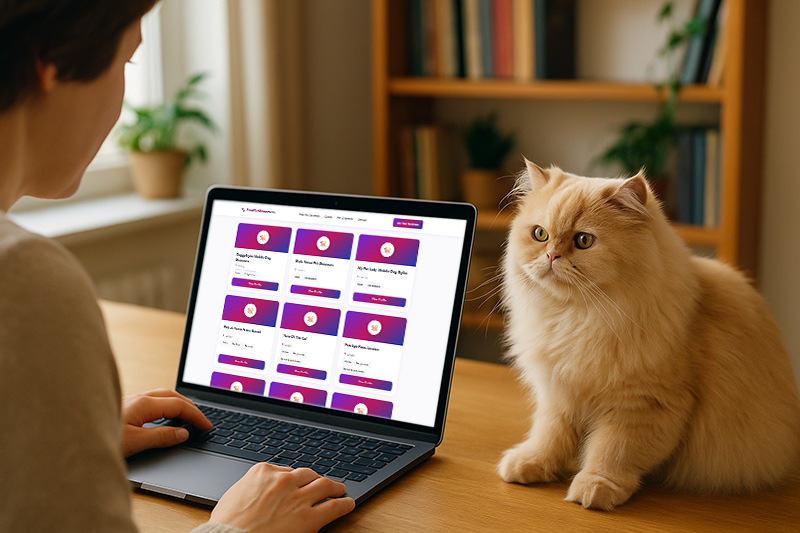 Person researching cat groomers on laptop with fluffy Persian cat sitting beside them looking at screen in cosy UK home office