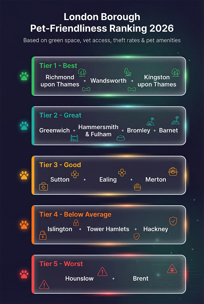 London borough pet-friendliness tier ranking from best to worst based on green space, vet access, theft rates and pet amenities