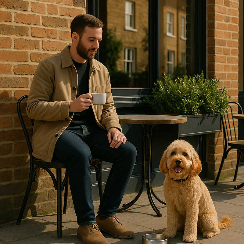 Dog sitting under table at London dog-friendly cafe with owner enjoying coffee