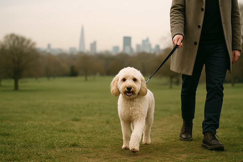 Dogs being walked in London park with city skyline visible in background showing urban green space