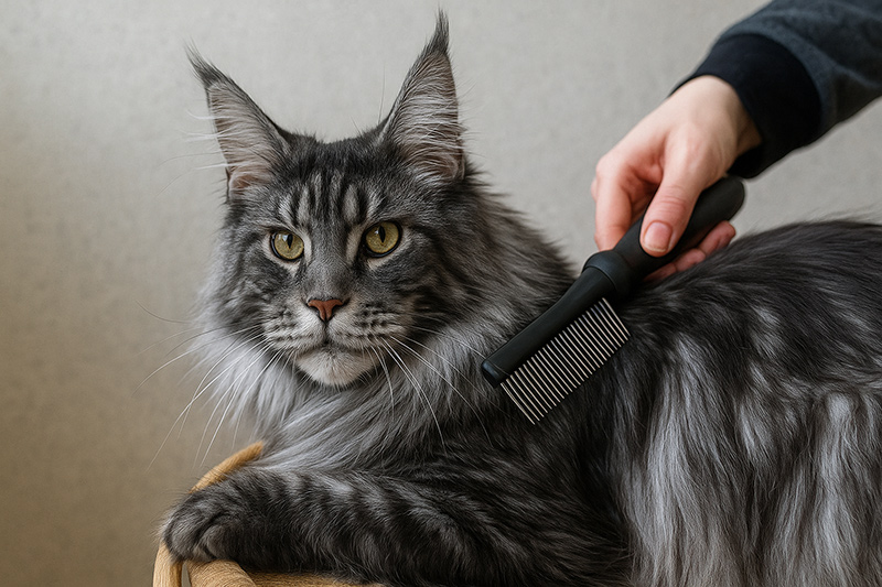 Maine Coon cat with luxurious long fur demonstrating the extensive grooming needs of long-haired breeds