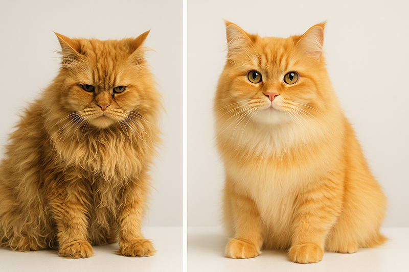 Before and after comparison showing severely matted cat fur transformed by professional grooming