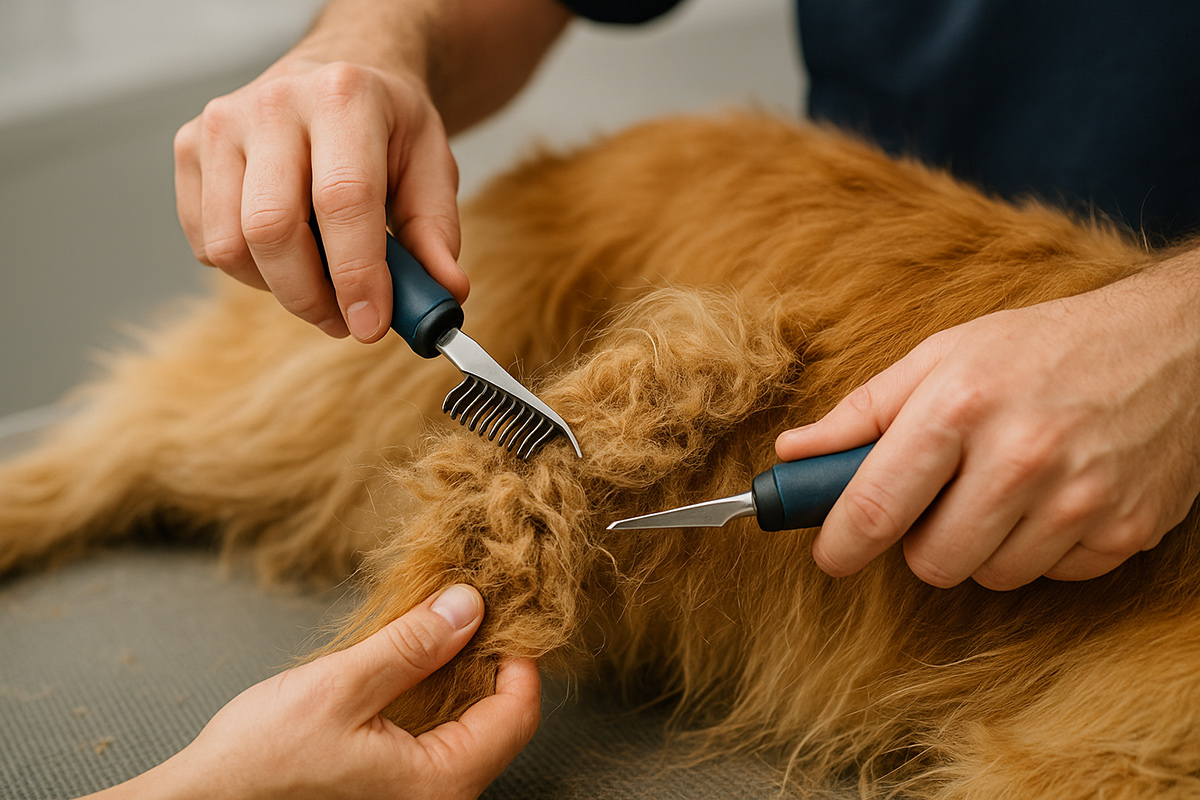 Close-up of groomer's hands carefully removing matted fur from long-haired dog with specialised dematting tools