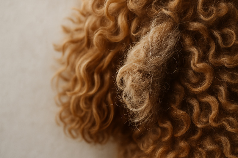 Close-up of severely matted curly dog fur showing tight knots and tangles in doodle coat