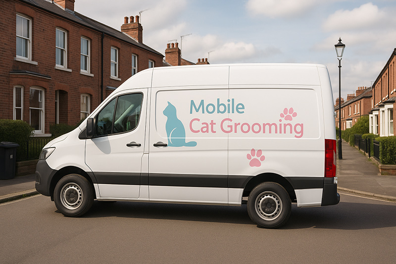 Mobile cat grooming van providing convenient at-home professional grooming services in the UK