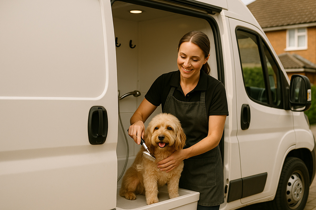 Mobile dog grooming van with open door showing groomer handing freshly groomed dog to owner on UK residential street