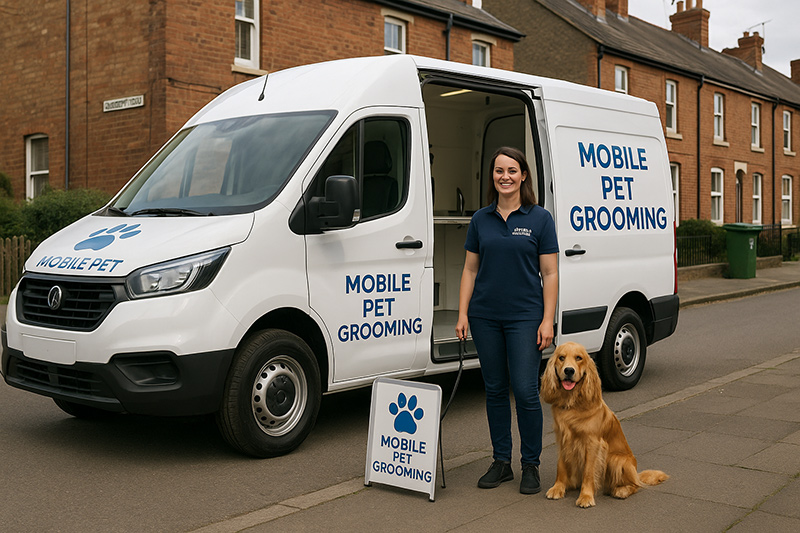 Modern white mobile dog grooming van with professional branding parked on typical UK residential street