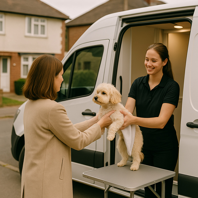 Mobile dog groomer handing freshly groomed small white dog to happy customer at van door demonstrating convenience and personal service