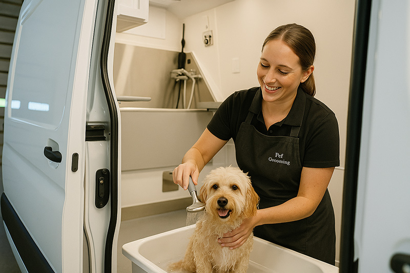Inside view of mobile grooming van showing dog being bathed by professional groomer in clean modern setup