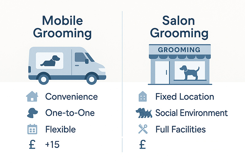 Side-by-side infographic comparing mobile grooming versus salon grooming with icons for convenience, cost, and services
