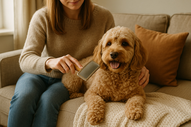 Owner brushing Cockapoo at home on cosy sofa with grooming brush, showing daily home maintenance routine