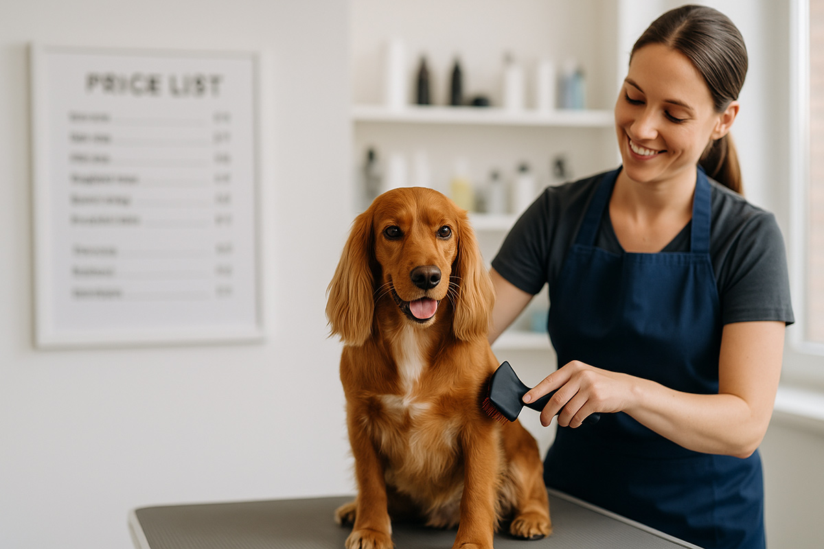 Professional groomer brushing golden Cocker Spaniel on grooming table in modern UK salon with price list visible