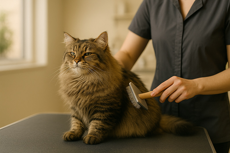 Experienced professional groomer gently brushing long-haired Maine Coon cat showing proper feline handling technique