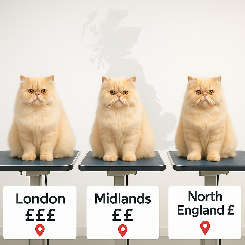 Heat map of UK showing cat grooming price variations by region with London highest, rural areas lowest