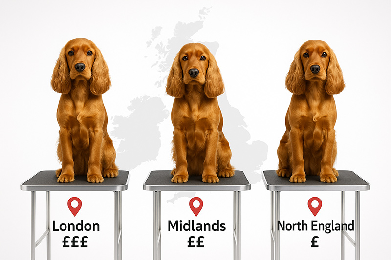 Three Cocker Spaniels showing UK regional grooming price comparison between London, Midlands, and North England